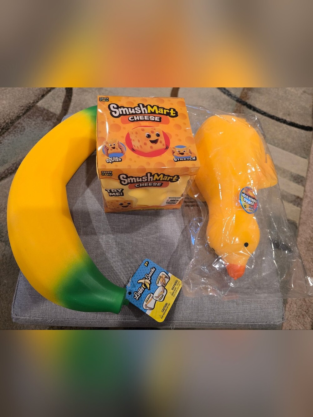 Bundle of Yellow Squishy Toys, Duck, Cheese and Banana